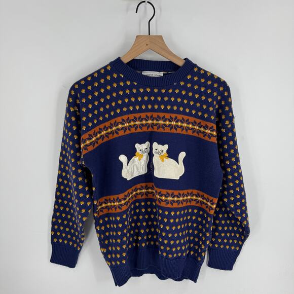 Vintage Jennifer Adams Cat Sweater Blue Fair Isle Knit USA Made Acrylic - Picture 1 of 6